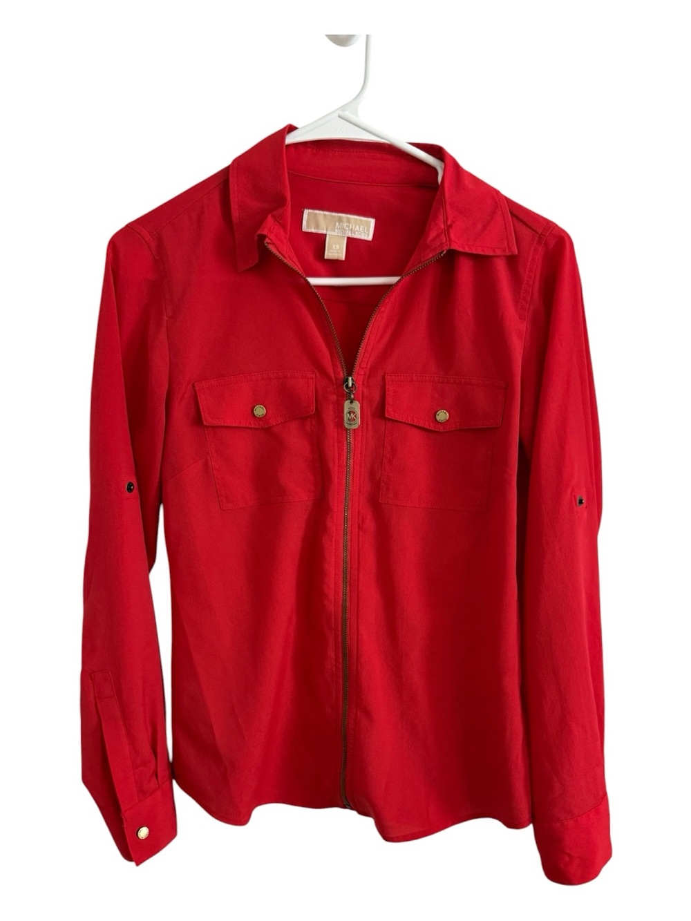 Michael Kors Red Zip Front Blouse XS Gold Hardware Utility Top
